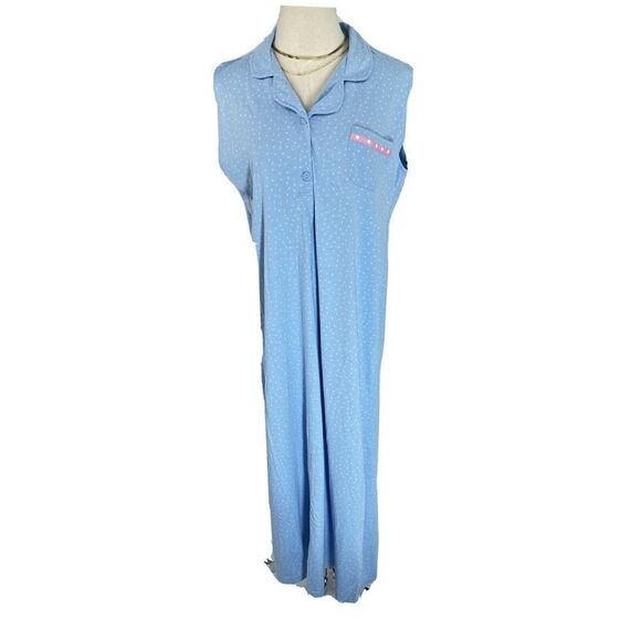 PajamaGrams Womens 100% Cotton Sleeveless Long Nightgown Sz Large Blue Polkadot - Picture 12 of 12